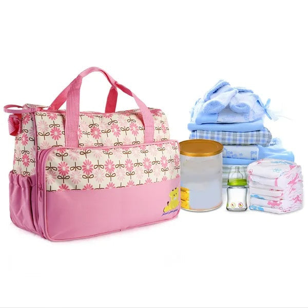 5PCS Baby Nappy Diaper Bags Set Mummy Diaper Shoulder Bags W Nappy Changing Pad Insulated Pockets Travel Tote Bags