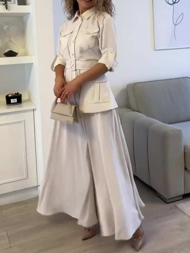 Solid Color Long Sleeve Shirt Belt Dress