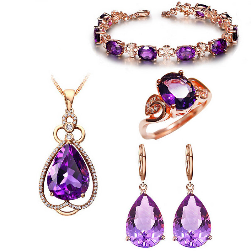 Quality Ear Hook Purple Gemstone Diamond Ring Rose Gold Collarbone Necklace Set