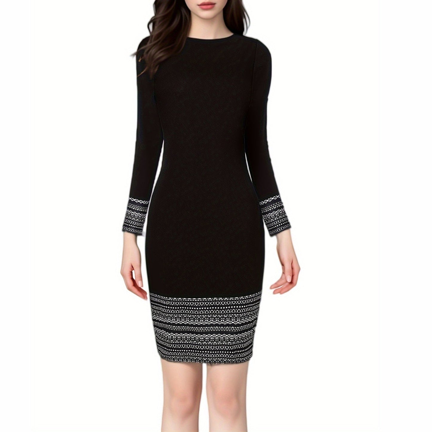 New Patchwork Round Neck Temperament Commute Long Sleeve Dress