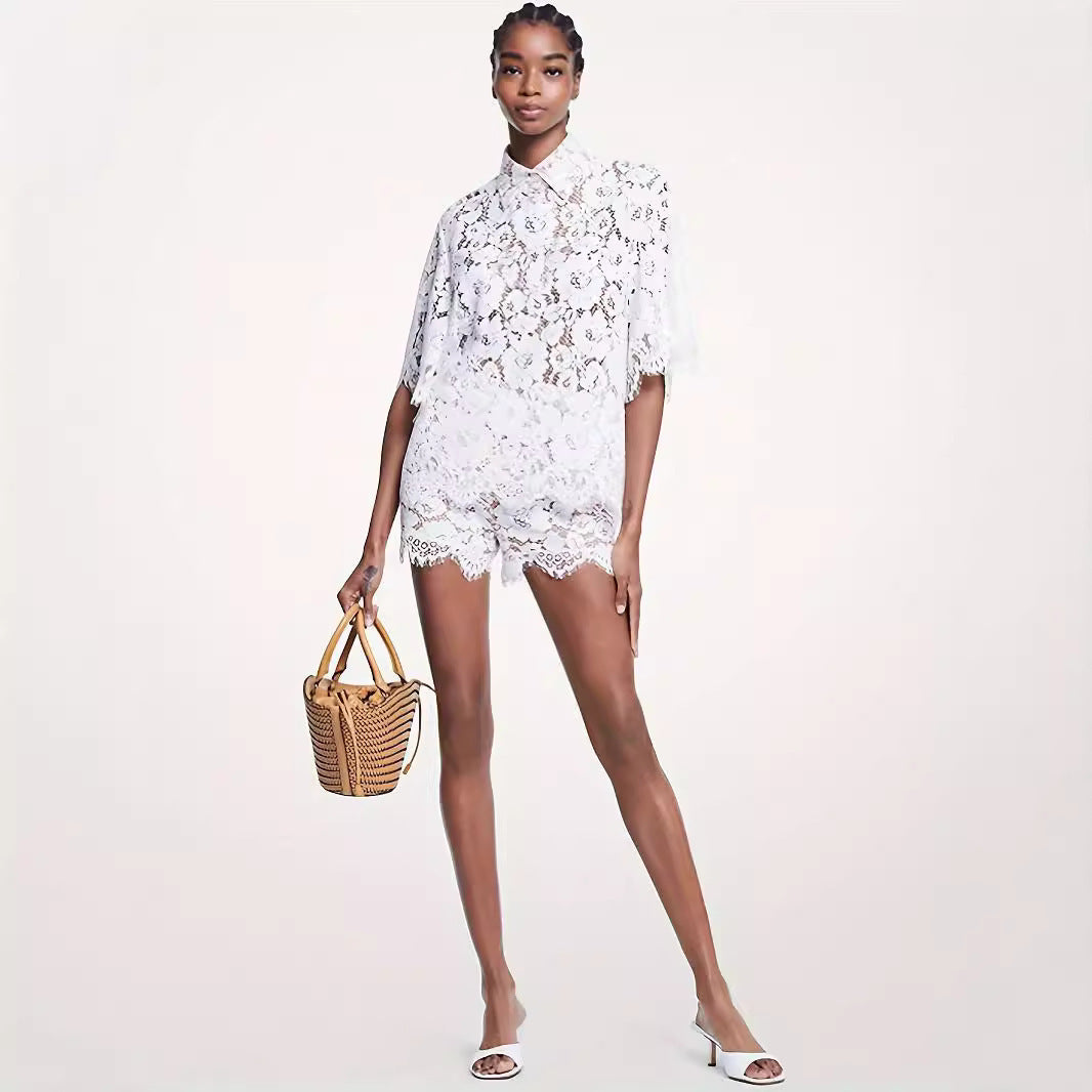 Women's Fashion Lace Top Shorts Suit