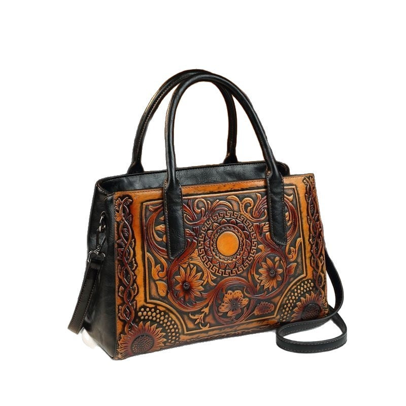 Retro Women's Bag Embossed Flower Tote Bag Genuine Leather New Ethnic Style Single Shoulder Crossbody Bag Large Capacity