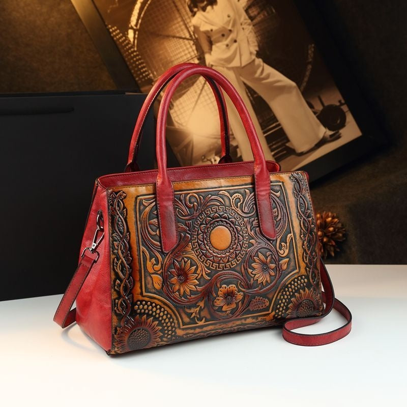 Retro Women's Bag Embossed Flower Tote Bag Genuine Leather New Ethnic Style Single Shoulder Crossbody Bag Large Capacity