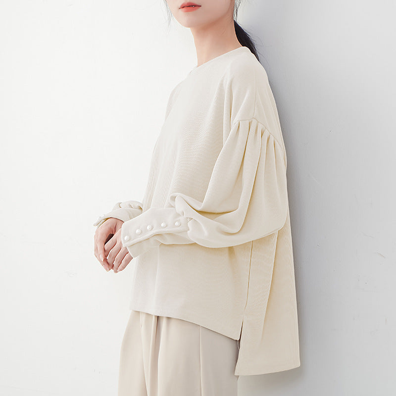 Women's Lantern Sleeve Sweater Pearl Buckle Solid Color