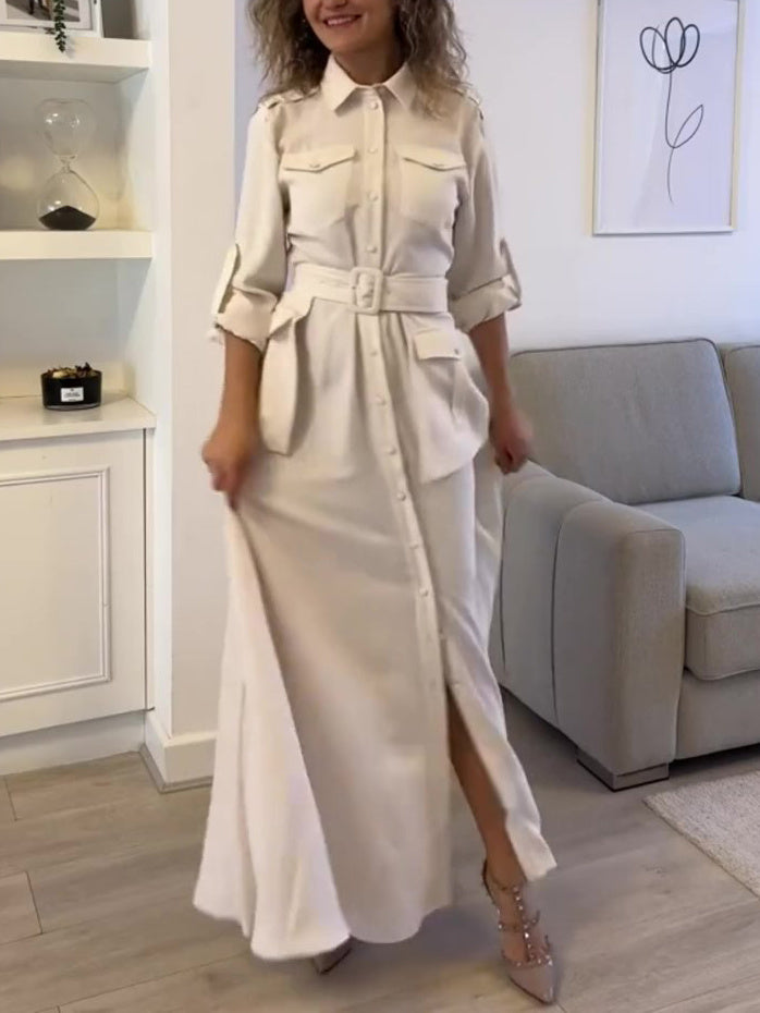 Solid Color Long Sleeve Shirt Belt Dress