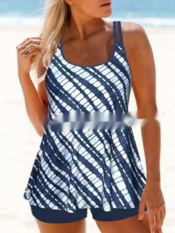 Women's Striped Vest Style Conservative Split Swimsuit