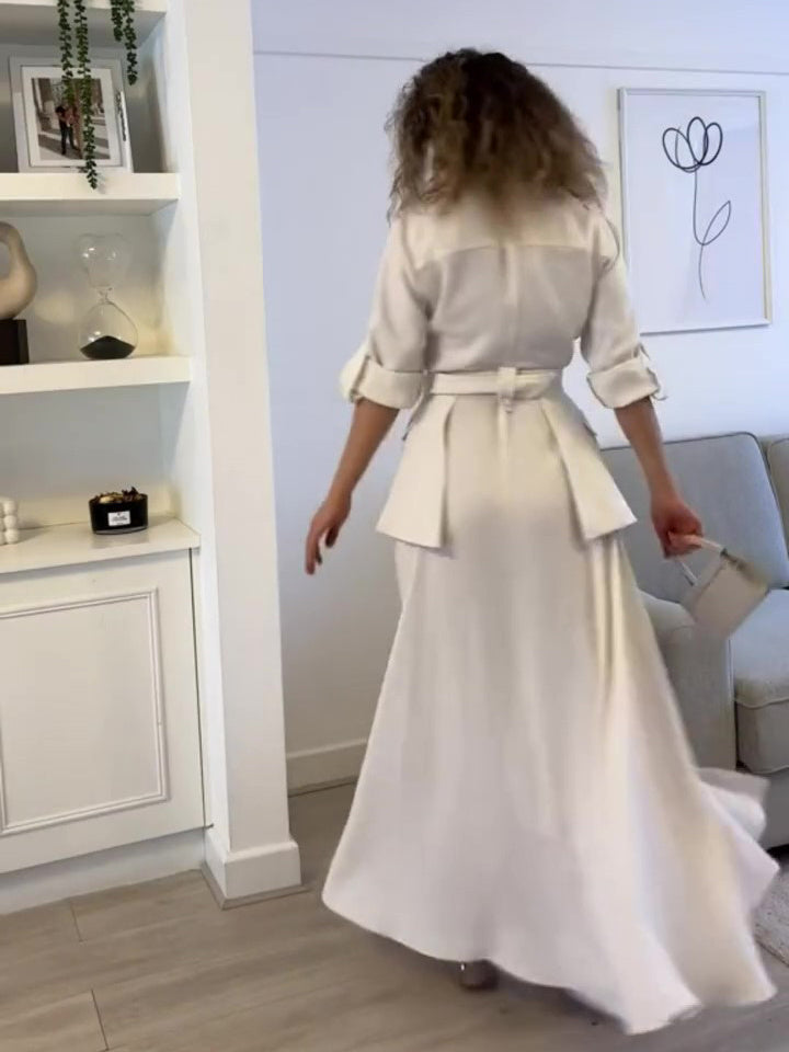 Solid Color Long Sleeve Shirt Belt Dress