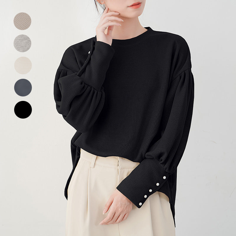 Women's Lantern Sleeve Sweater Pearl Buckle Solid Color