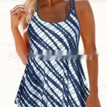 Women's Striped Vest Style Conservative Split Swimsuit