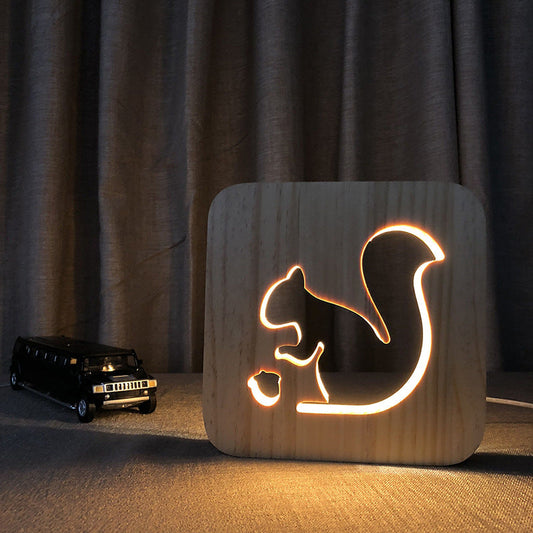 Squirrel Wooden Crafts Solid Wood Night Light Hollow Carving