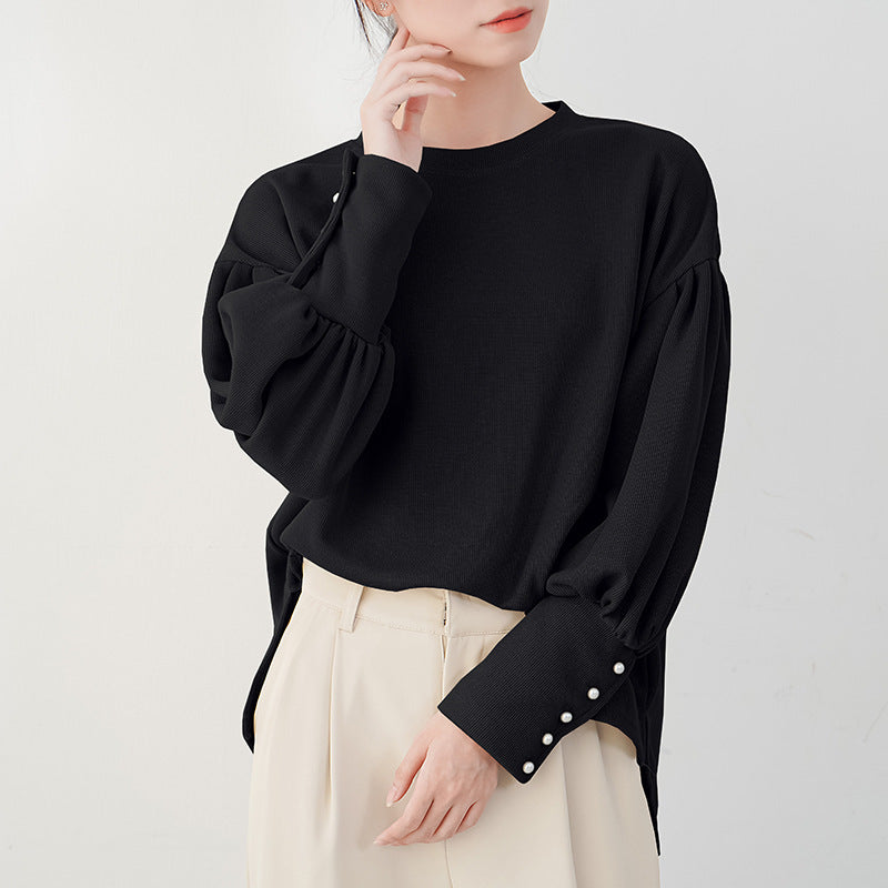 Women's Lantern Sleeve Sweater Pearl Buckle Solid Color