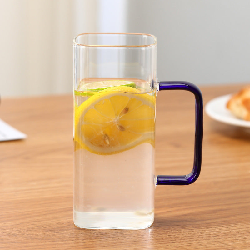 Square Glass Cup With Color Handle Milk Juice Cup Transparent Simple Household Cup Borosilicate Glass Water Cup