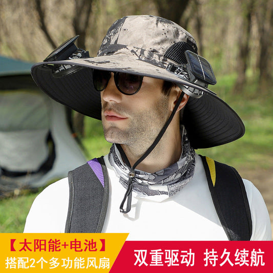 Solar Charging Fan Large Brim Hat Summer Outdoor Sun Hat Men&#039;s Mountaineering Fishing Hat