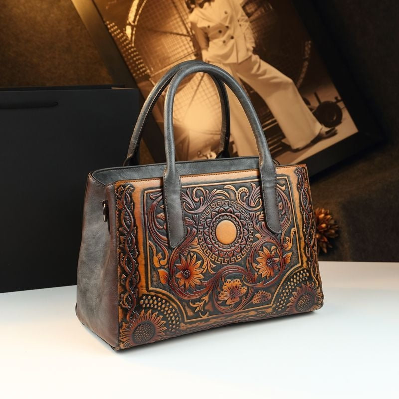 Retro Women&#039;s Bag Embossed Flower Tote Bag Genuine Leather New Ethnic Style Single Shoulder Crossbody Bag Large Capacity
