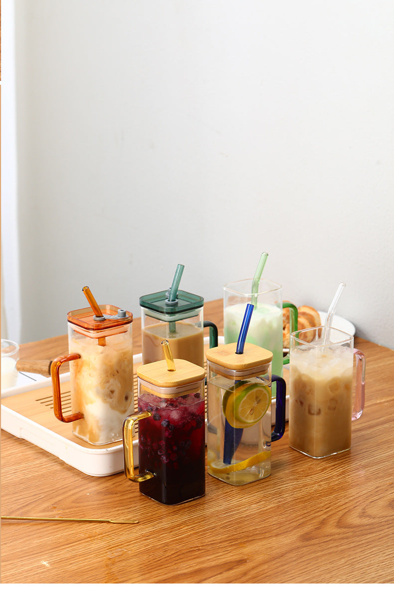 Square Glass Cup With Color Handle Milk Juice Cup Transparent Simple Household Cup Borosilicate Glass Water Cup