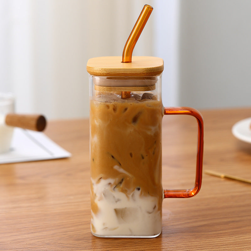 Square Glass Cup With Color Handle Milk Juice Cup Transparent Simple Household Cup Borosilicate Glass Water Cup