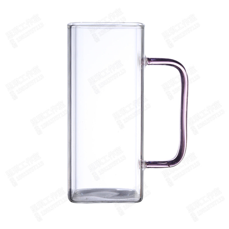 Square Glass Cup With Color Handle Milk Juice Cup Transparent Simple Household Cup Borosilicate Glass Water Cup