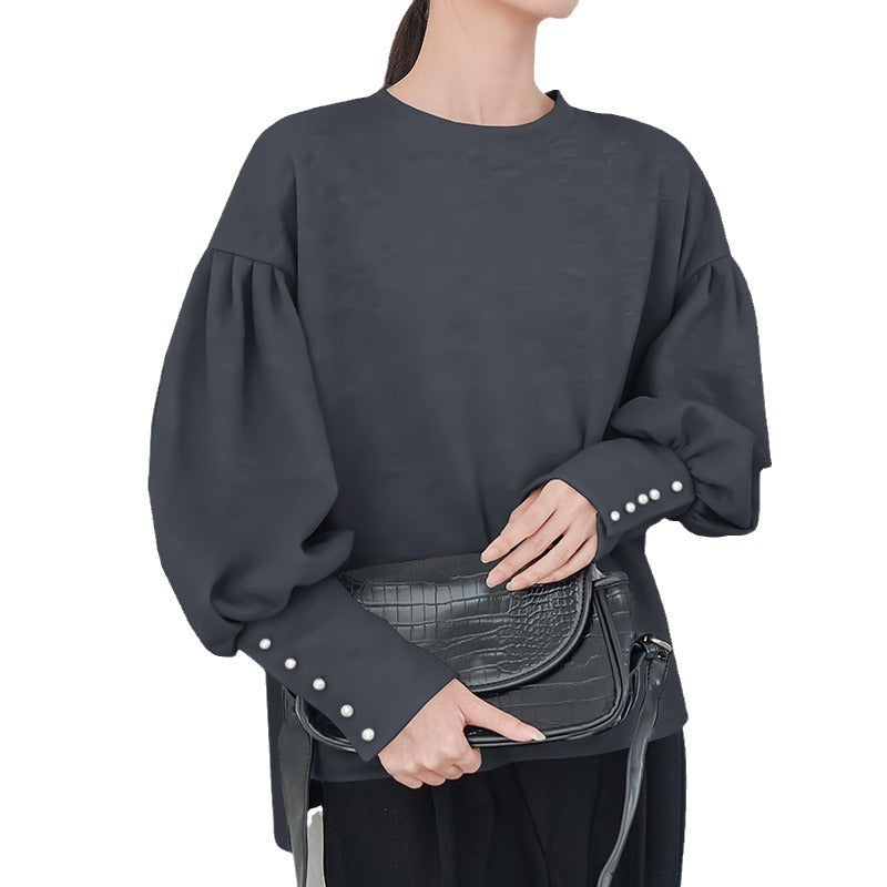 Women's Lantern Sleeve Sweater Pearl Buckle Solid Color