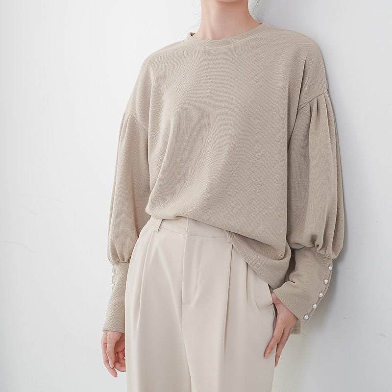 Women's Lantern Sleeve Sweater Pearl Buckle Solid Color